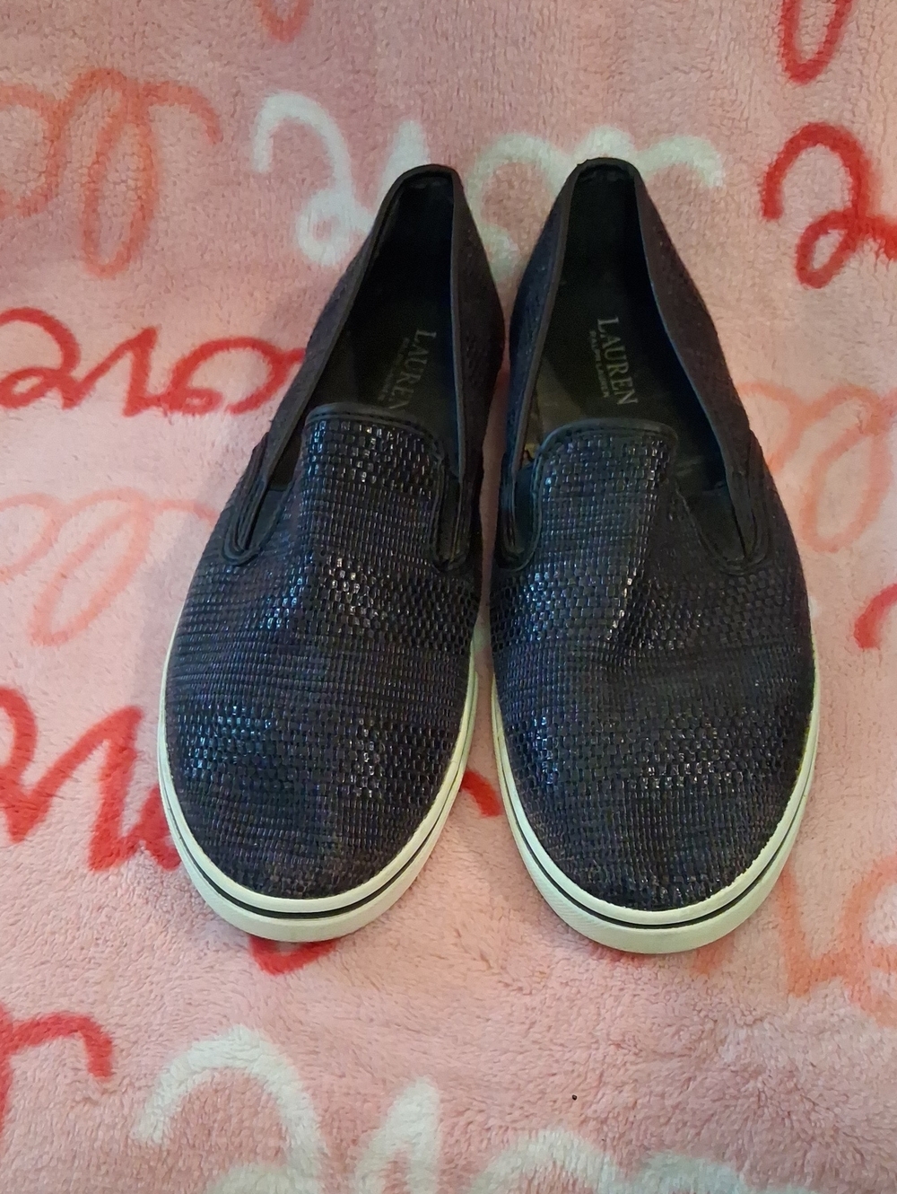 Lauren Ralph Lauren Womens Black Woven Slip-On Sneakers with White Sole.